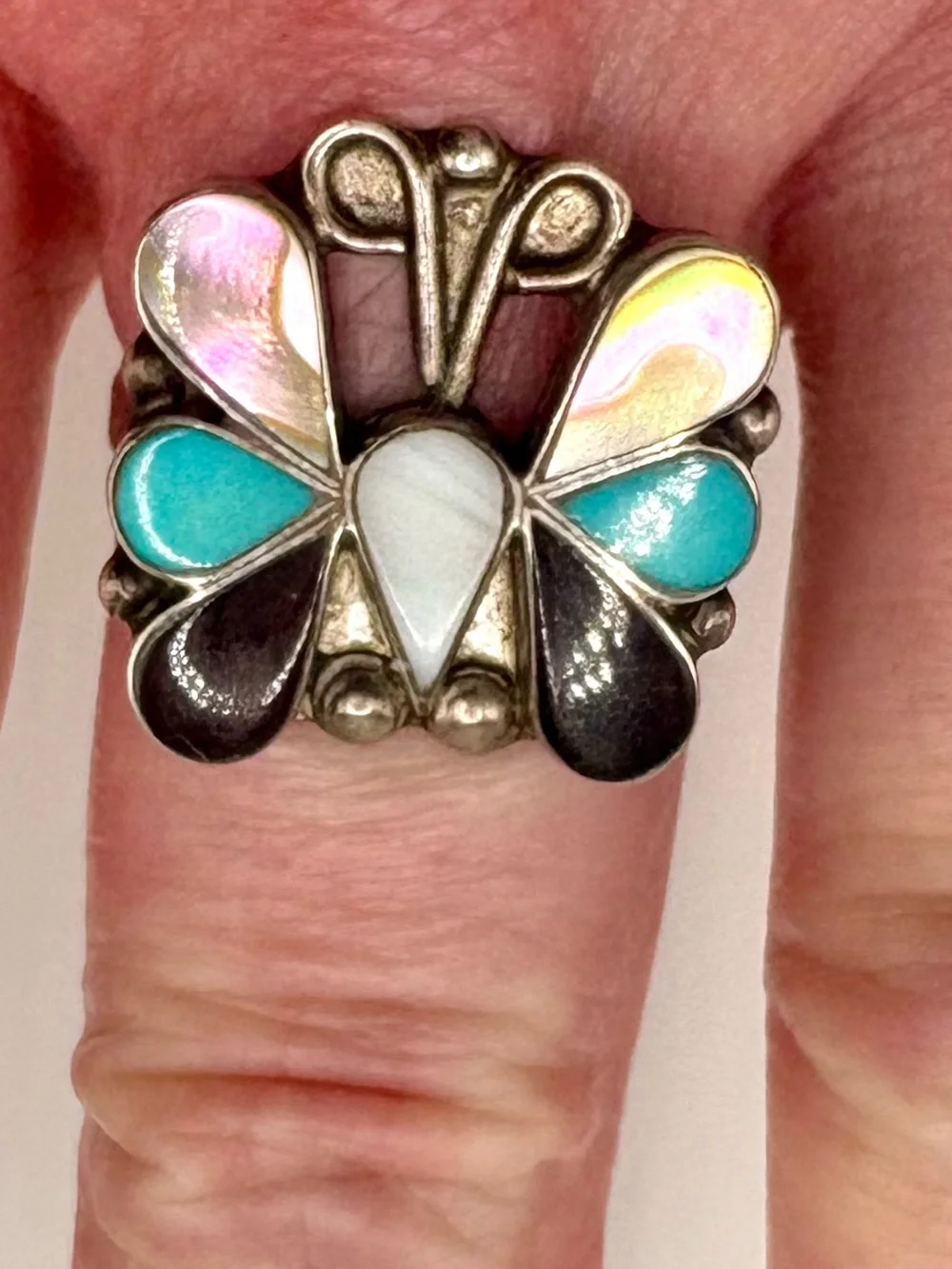 Vintage Sterling Silver Turquoise MOP Onyx Butterfly Ring Size 8